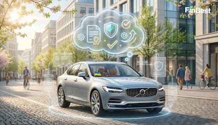 Весняний креатив FinBest із преміальним автомобілем у міському просторі та цифровими елементами страхового захисту: автоцивілка, КАСКО, ДЦВ і онлайн-страхування. Автомобіль у весняному місті з цифровими символами страхового захисту, ОСЦПВ та КАСКО від FinBest